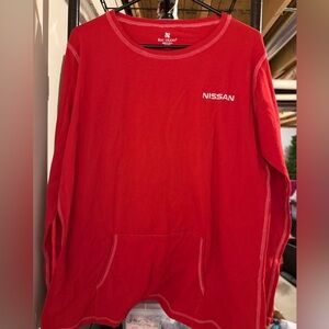 Lilac Bloom women’s red Nissan long sleeve top with pocket in front. Size XL.